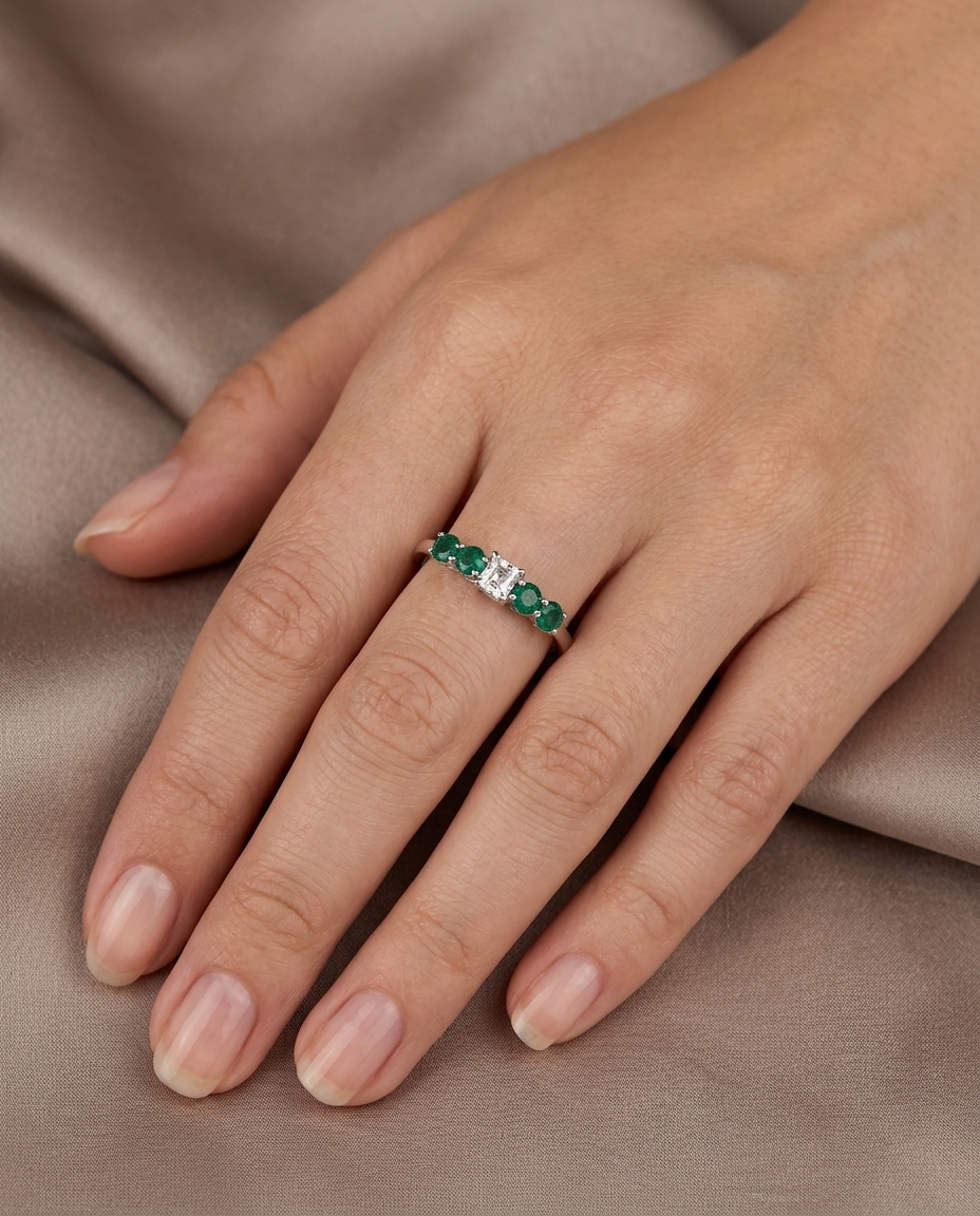 18KT White Gold Emerald and Diamond Ring view 2