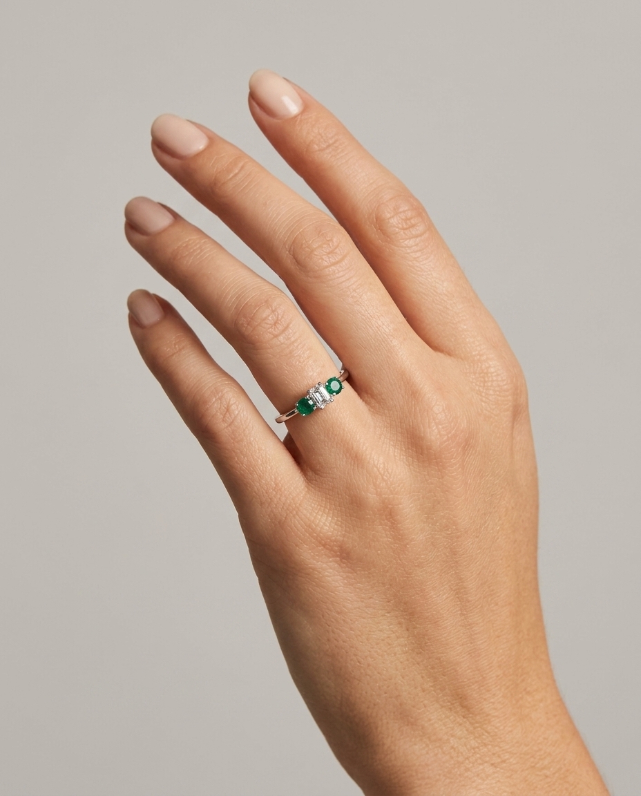 18KT White Gold Emerald and Diamond Ring view 2