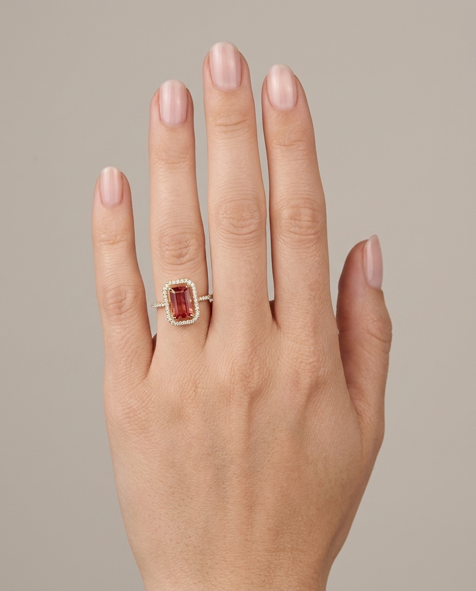 14KT Yellow Gold Orange Sapphire and Diamonds Ring on model