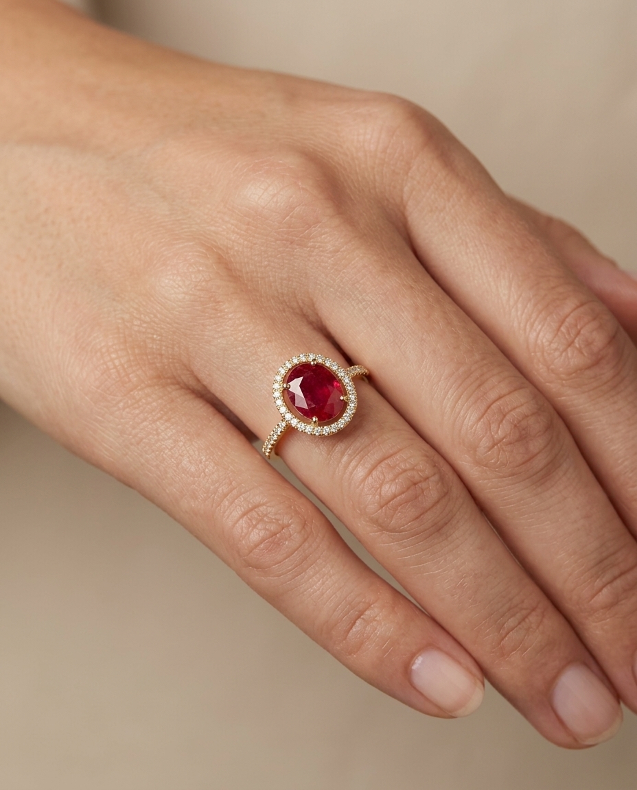 14KT Yellow Gold Orange Sapphire and Diamonds Ring on model