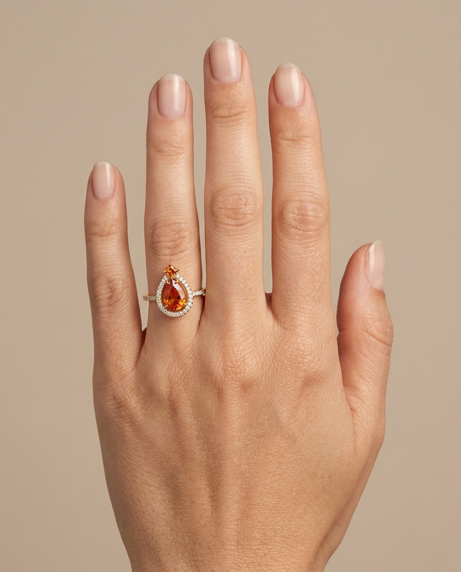 14KT Yellow Gold Orange Sapphire and Diamonds Ring on model