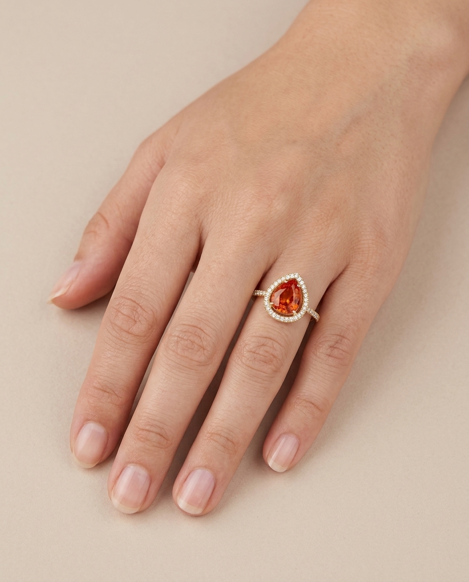 14KT Yellow Gold Orange Sapphire and Diamonds Ring on model