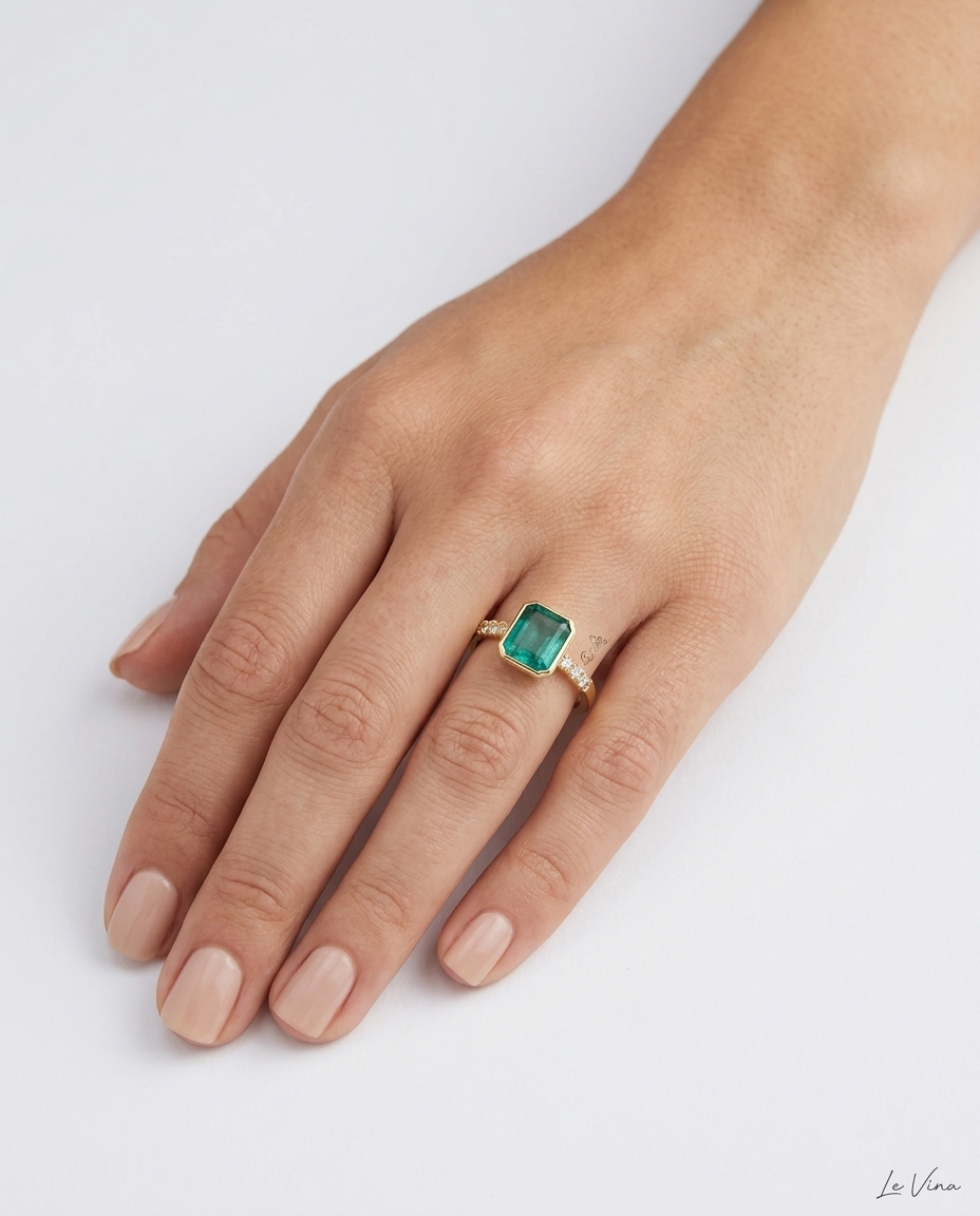 14KT Yellow Gold Emerald and Diamonds Ring on model