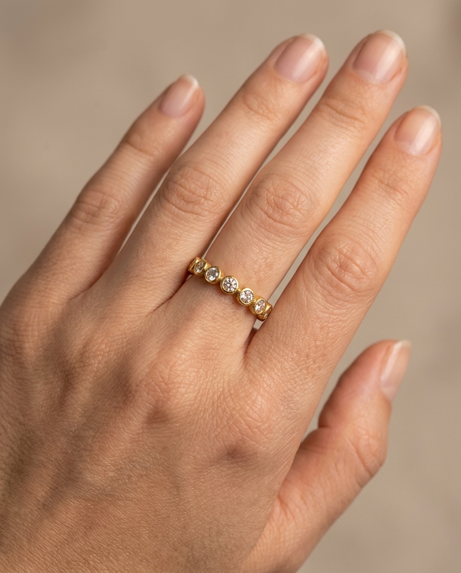 18KT Yellow Gold Rainbow Moonstone Ring on model