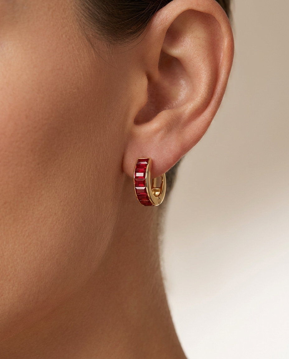 14KT Ruby Baguette Chubby Hoops on model