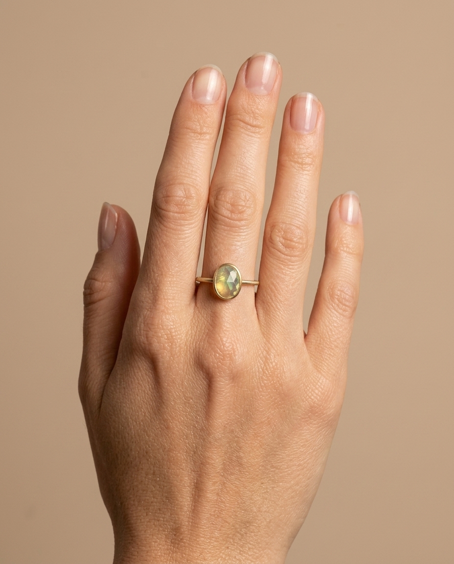 14KT Yellow Gold Rose Cut Opal Ring on model