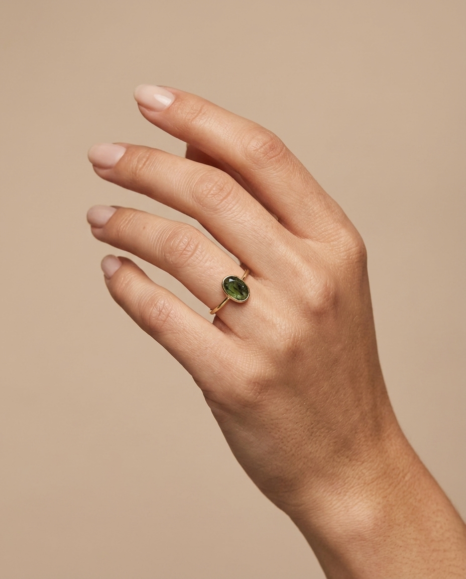 14KT Yellow Gold Green Sapphire Ring on model