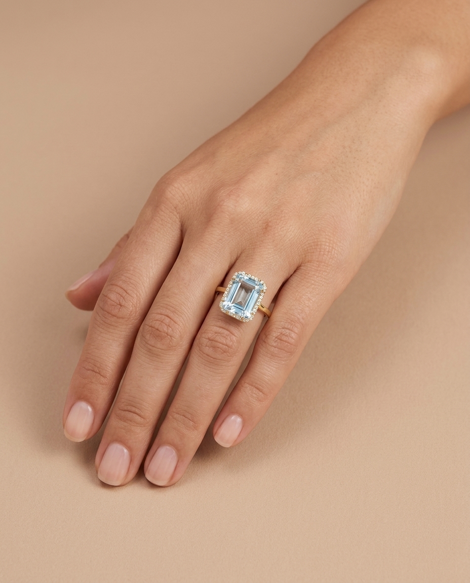 18KT Yellow Gold Aquamarine and Diamonds Ring on model