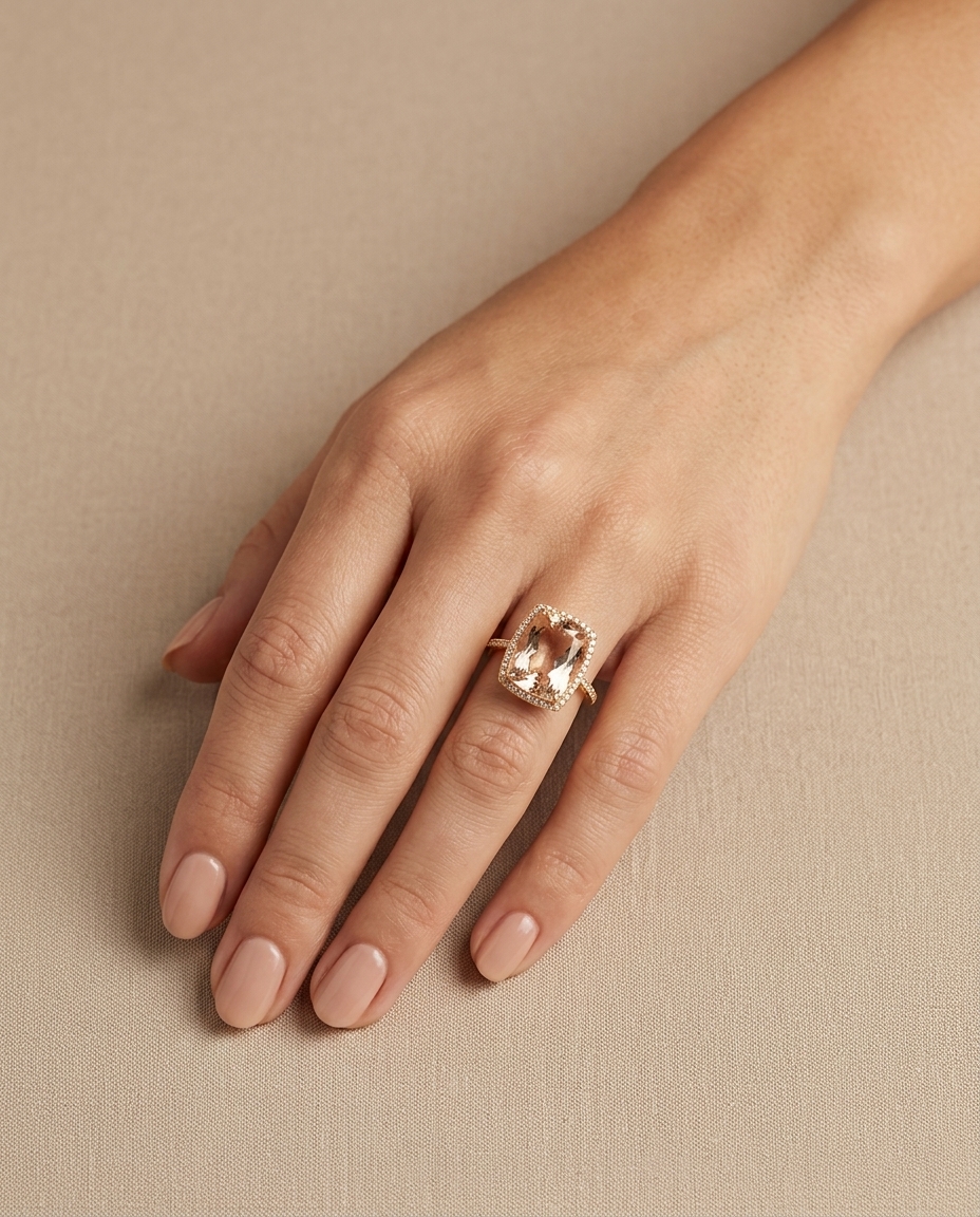 18KT Yellow Gold Morganite and Diamonds Ring on model