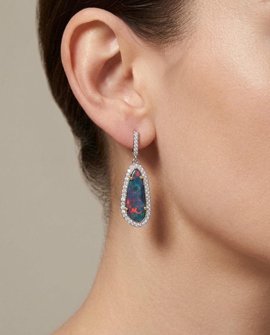 18KT White Gold Opal and Diamonds Earring on model