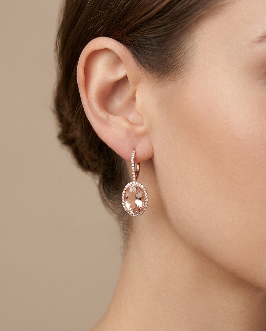 14KT Rose Gold Morganite and Diamonds Earring on model
