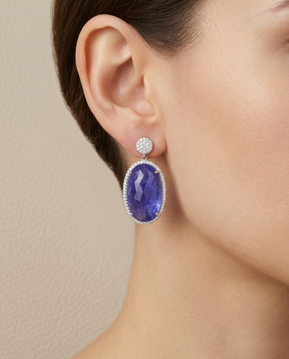 14KT White Gold Tanzanite and Diamonds Earring on model