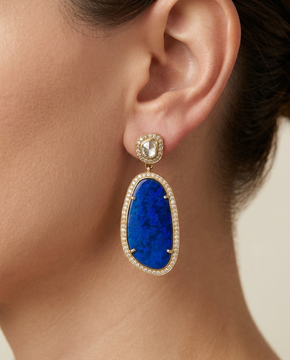 14KT Yellow Gold Opal and Diamonds Earring on model