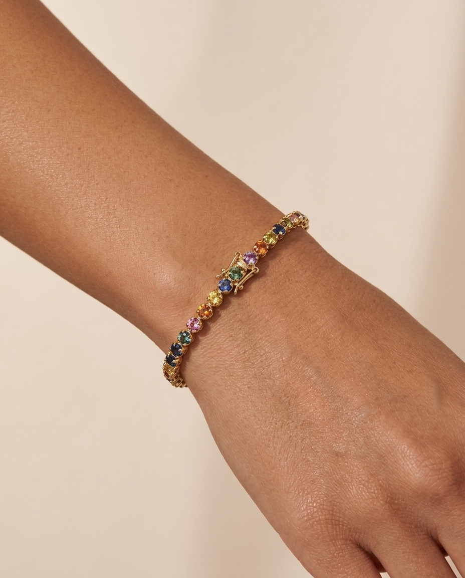 14KT Yellow Gold Multi Sapphire Bracelet on model