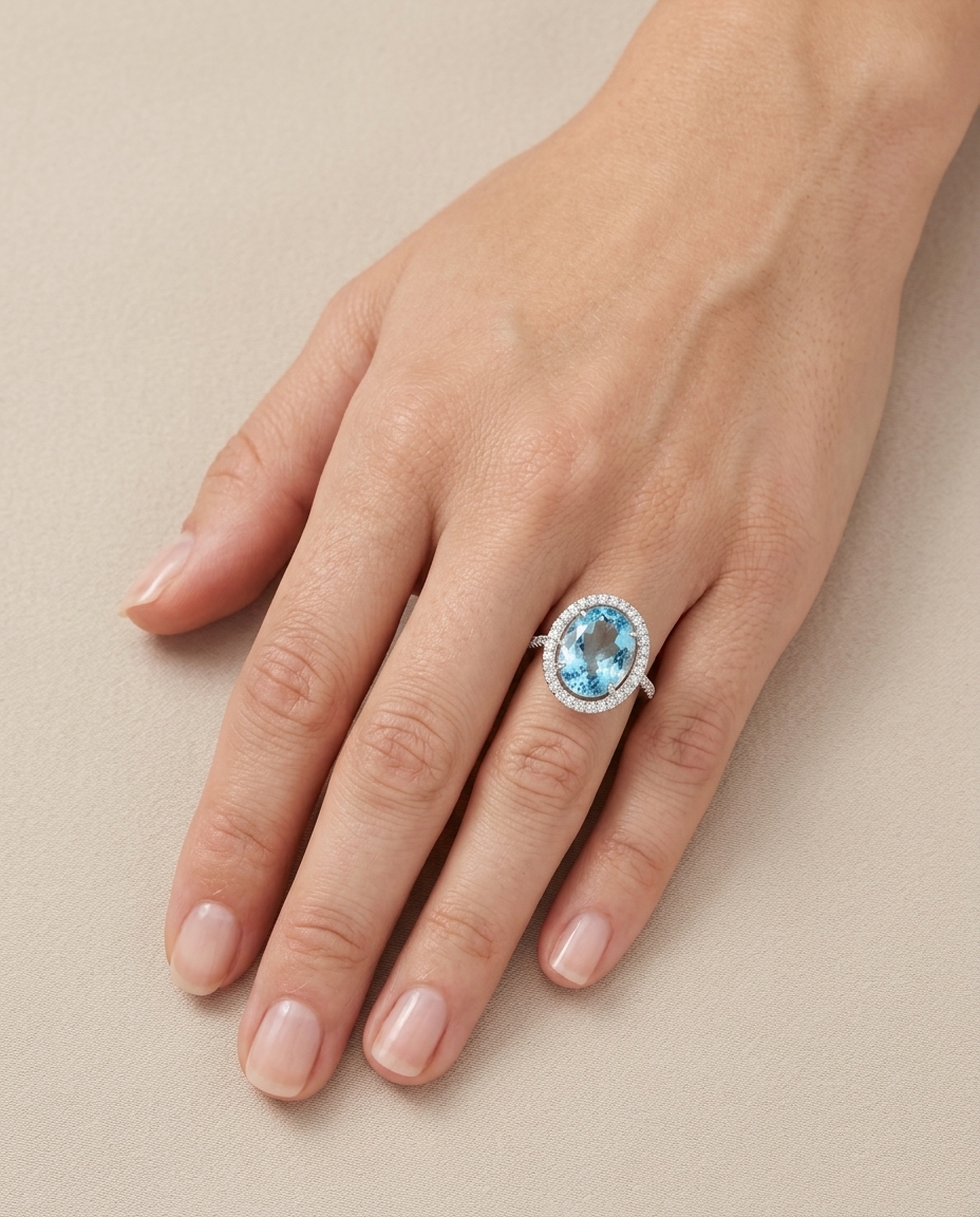14KT White Gold Aquamarine and Diamonds Ring on model