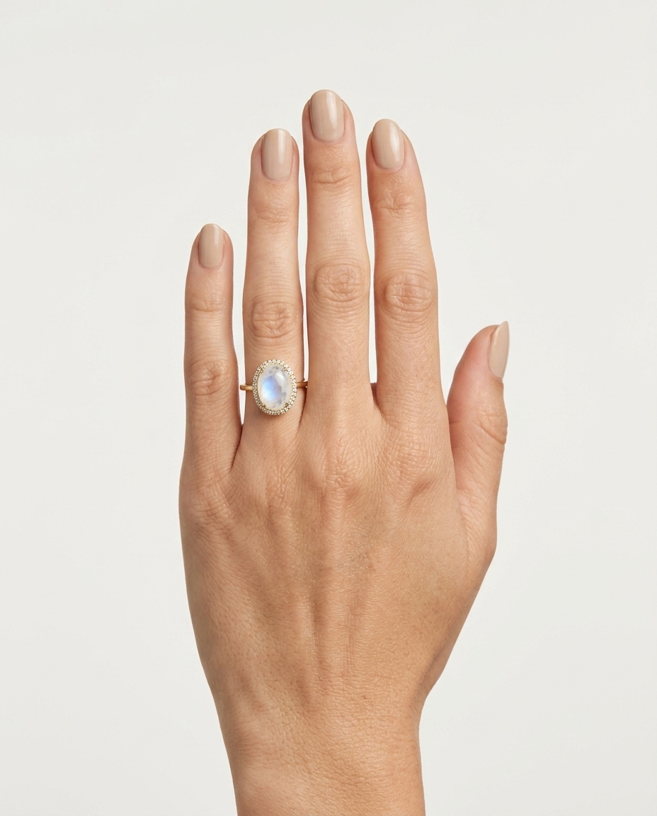 18KT Yellow Gold Rainbow Moonstone and Diamonds Ring on model