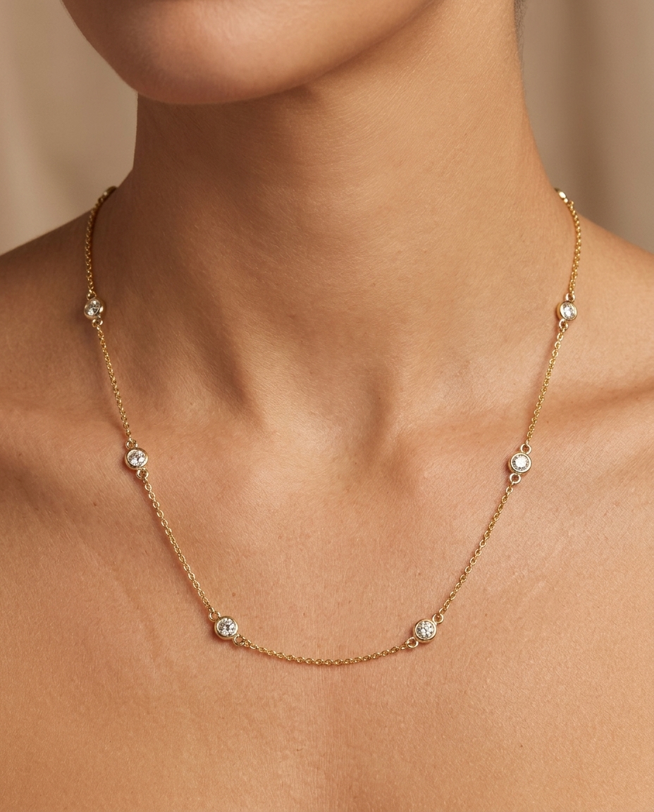 14KT Gold Diamond Station Necklace view 2