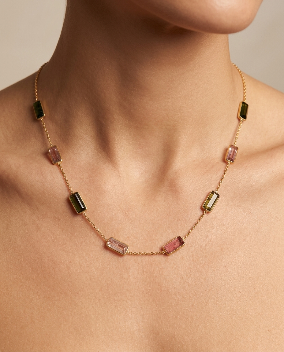 18KT Yellow Gold Tourmaline Station Necklace 12.50CT view 2