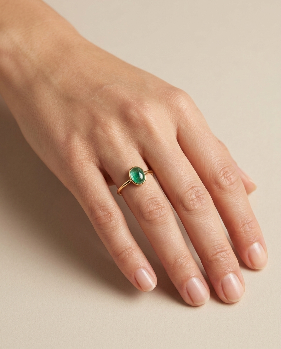 18KT Yellow Gold Emerald Oval Ring view 2