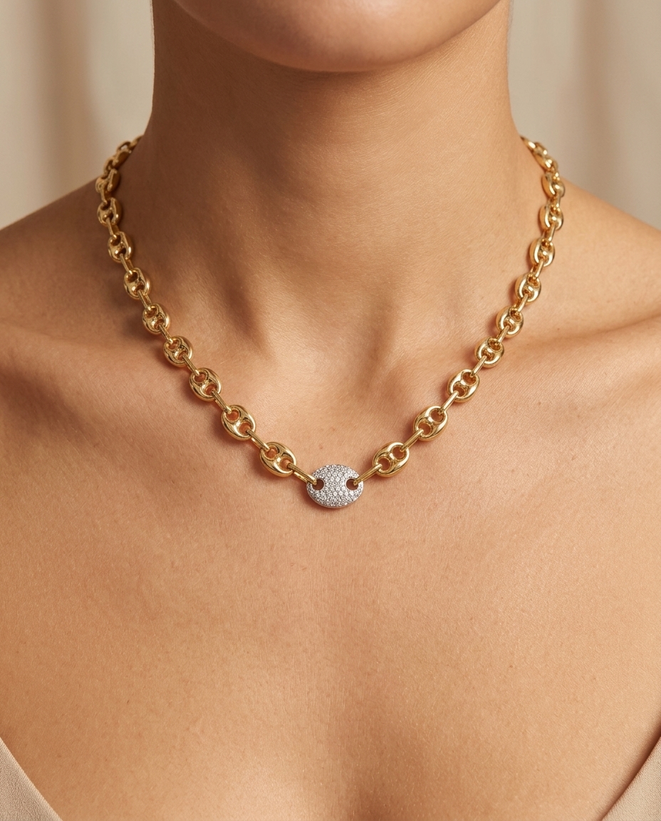 14KT Yellow Gold Hollow Puff Mariner Necklace with Diamond Link view 2