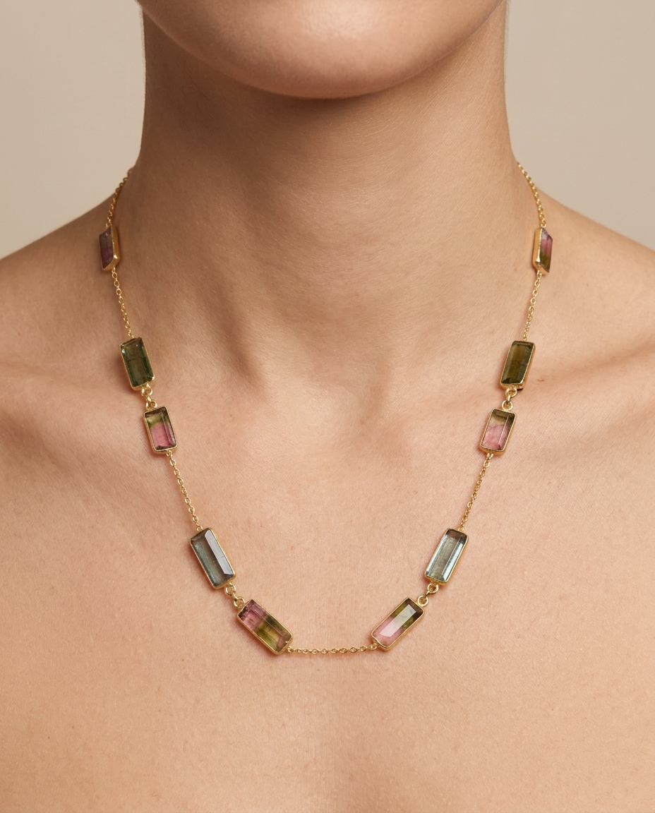 18KT Yellow Gold Tourmaline Station Necklace view 2
