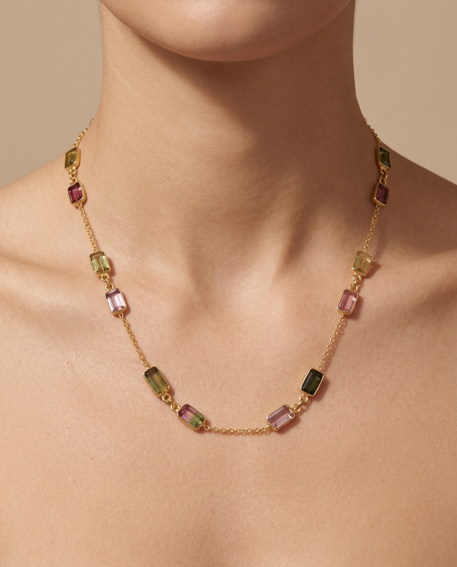 18KT Yellow Gold Tourmaline Station Necklace 11CT view 2