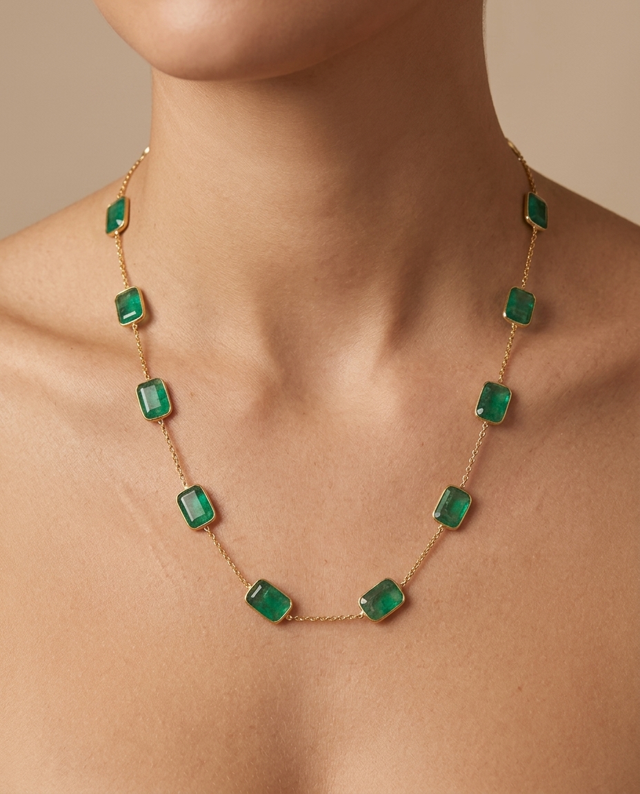 18KT Yellow Gold Bezeled Emerald Necklace view 2