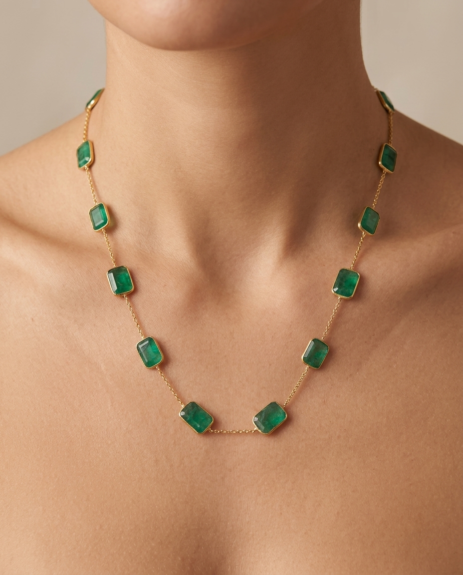 18KT Yellow Gold Bezeled Emerald Necklace view 2