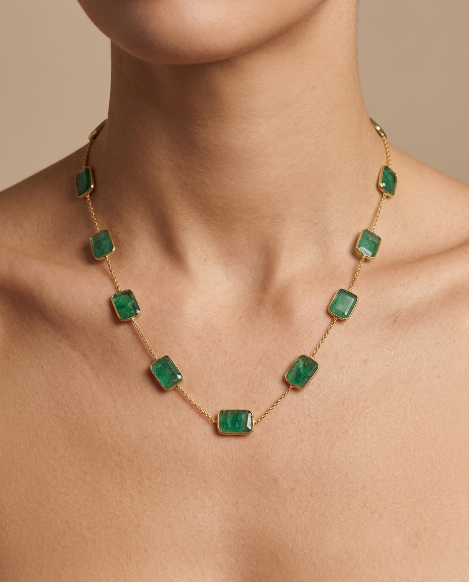 18KT Yellow Gold Bezeled Emerald Necklace on model
