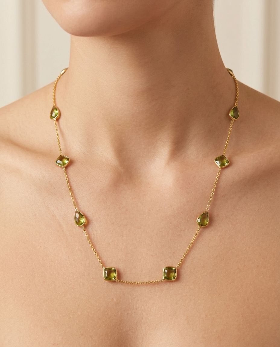 18KT Gold Bezeled Sapphire Necklace on model