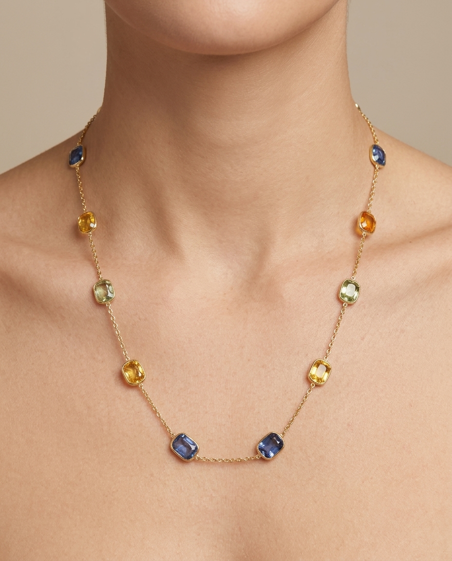 18KT Gold Bezeled Multi Sapphire Necklace view 2