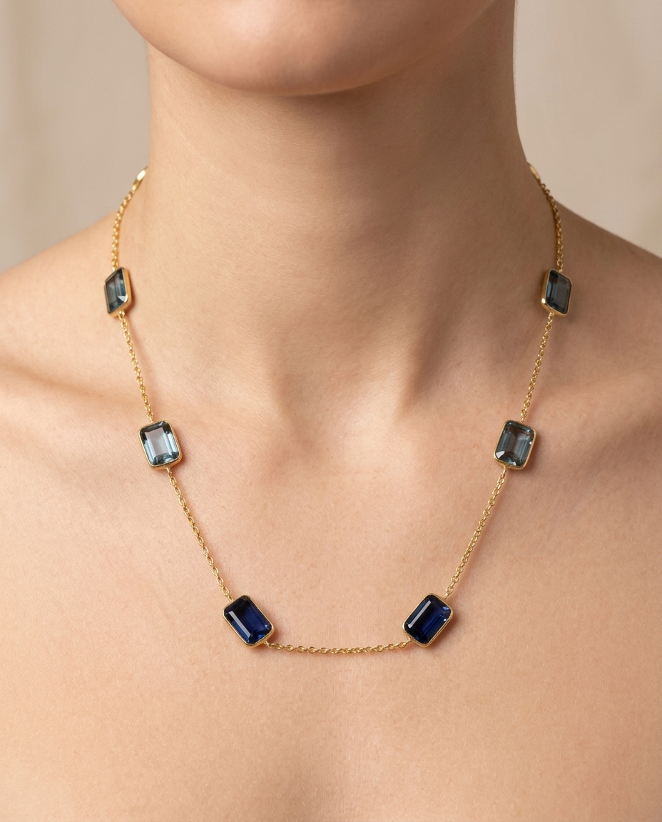 18KT Yellow Gold Bezeled London Blue Topaz Station Necklace view 2