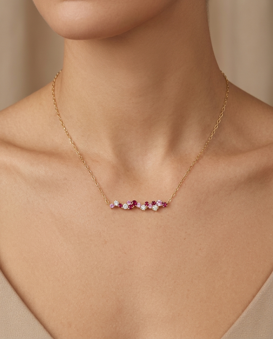 14KT Yellow Gold Ruby and Pink Sapphire Bar Necklace with Diamond view 2