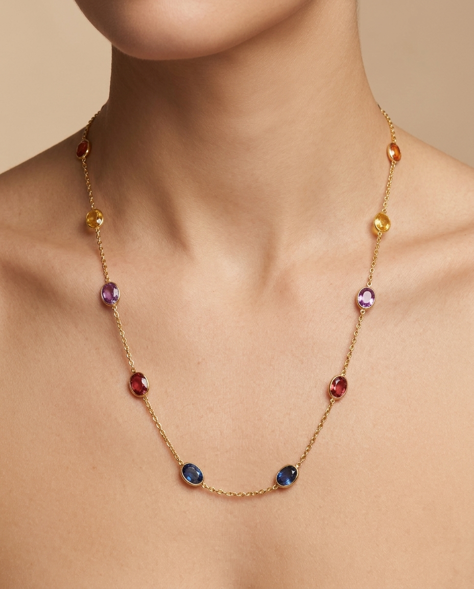 18KT Yellow Gold Bezeled Multi Sapphire Station Necklace 18" on model