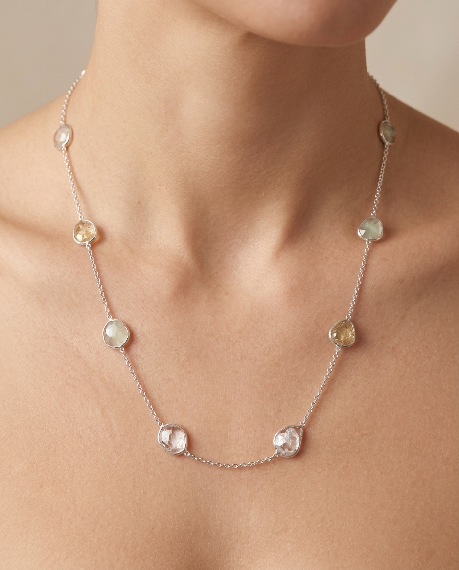 18KT White Gold Bezeled Diamond Slice Cut Necklace 18" view 2