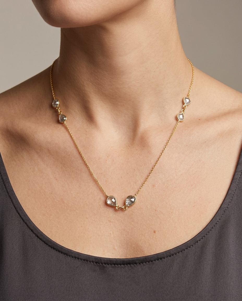 18KT Yellow Gold Bezeled Diamond Slice Cut Necklace 24" on model