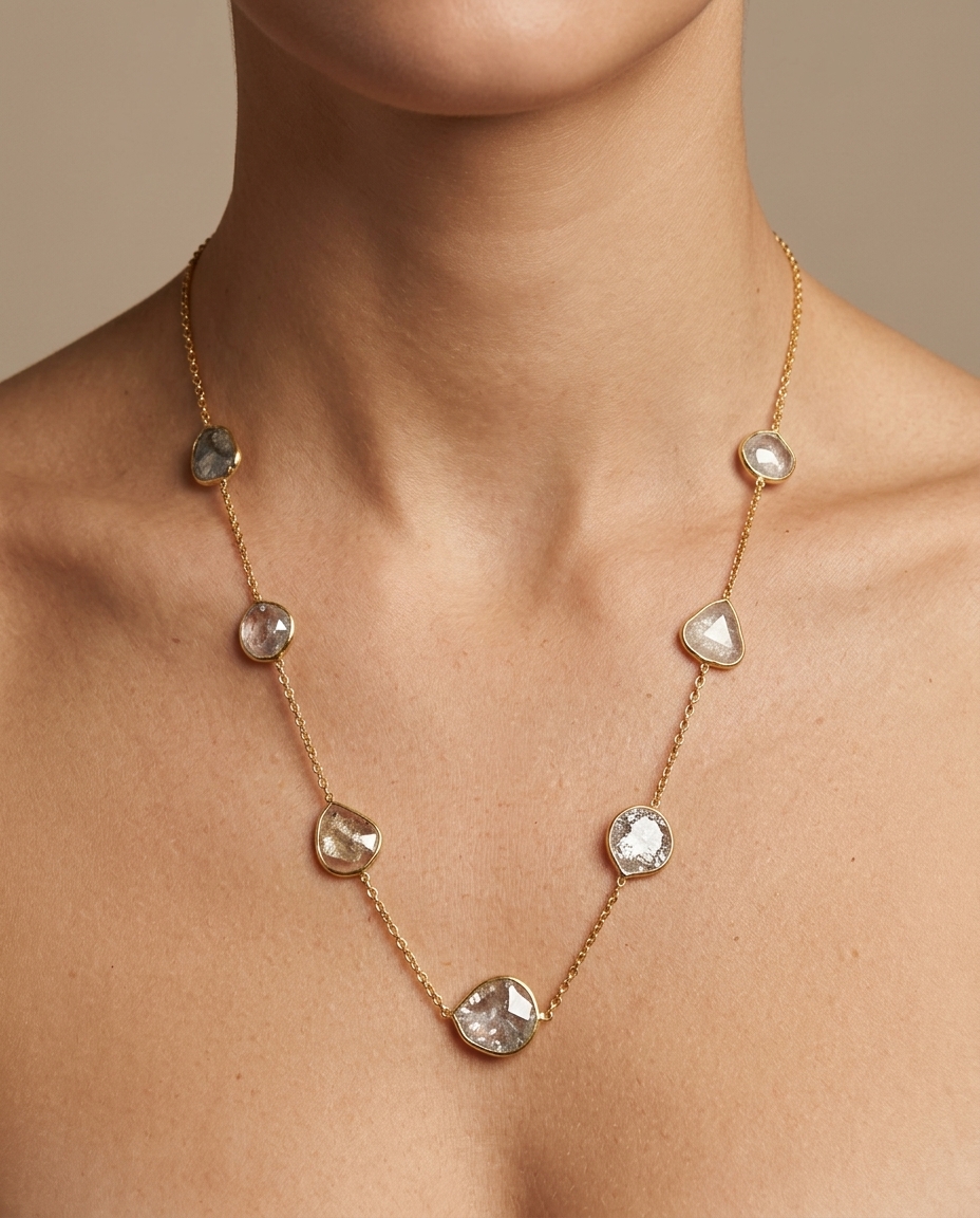 18KT Yellow Gold Bezeled Diamond Slice Cut Necklace 18" on model