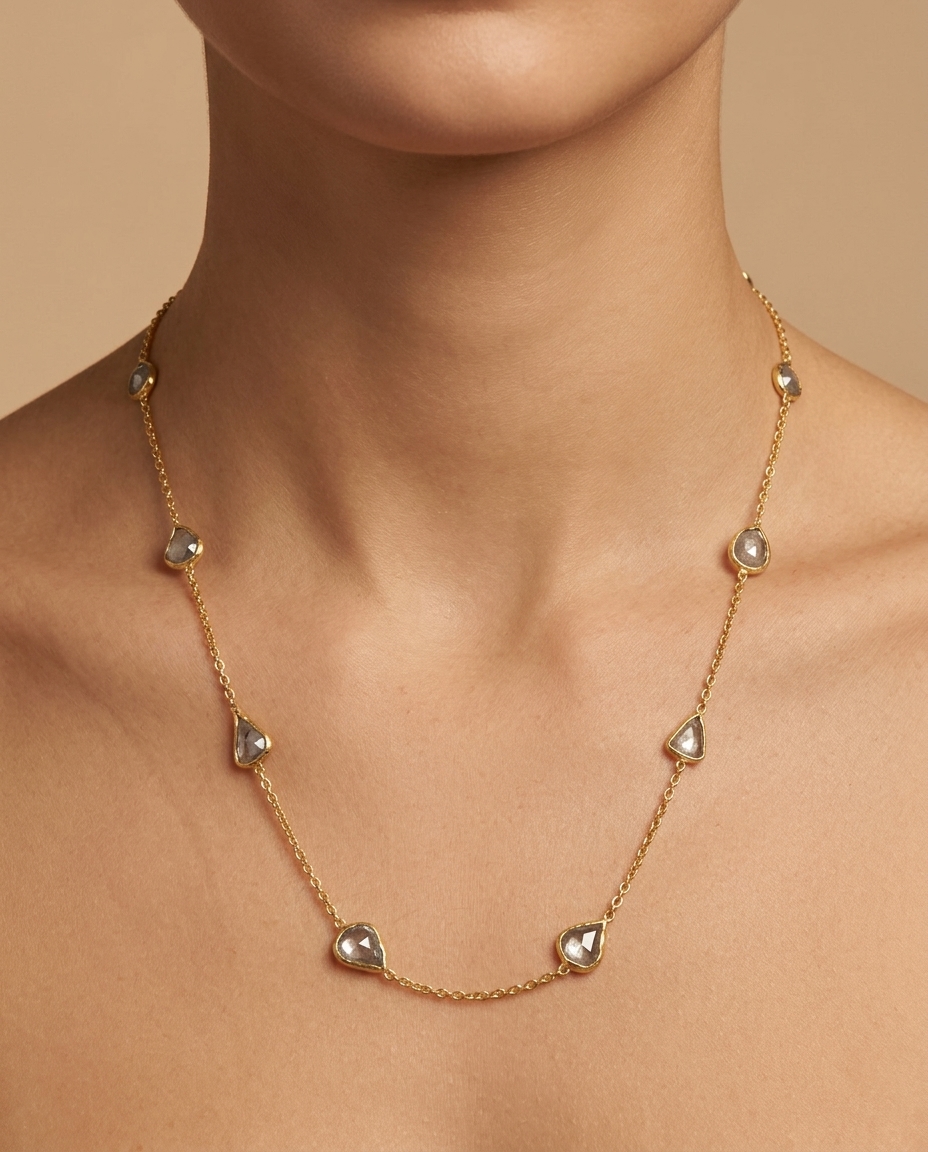 18KT Yellow Gold Bezeled Diamond Slice Cut Necklace 18" on model