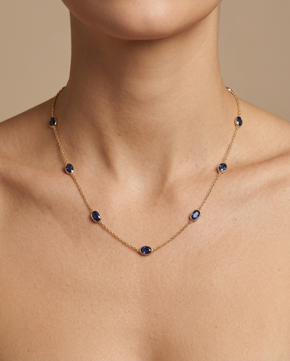 18KT Yellow Gold Bezeled Sapphire Necklace 18" view 2