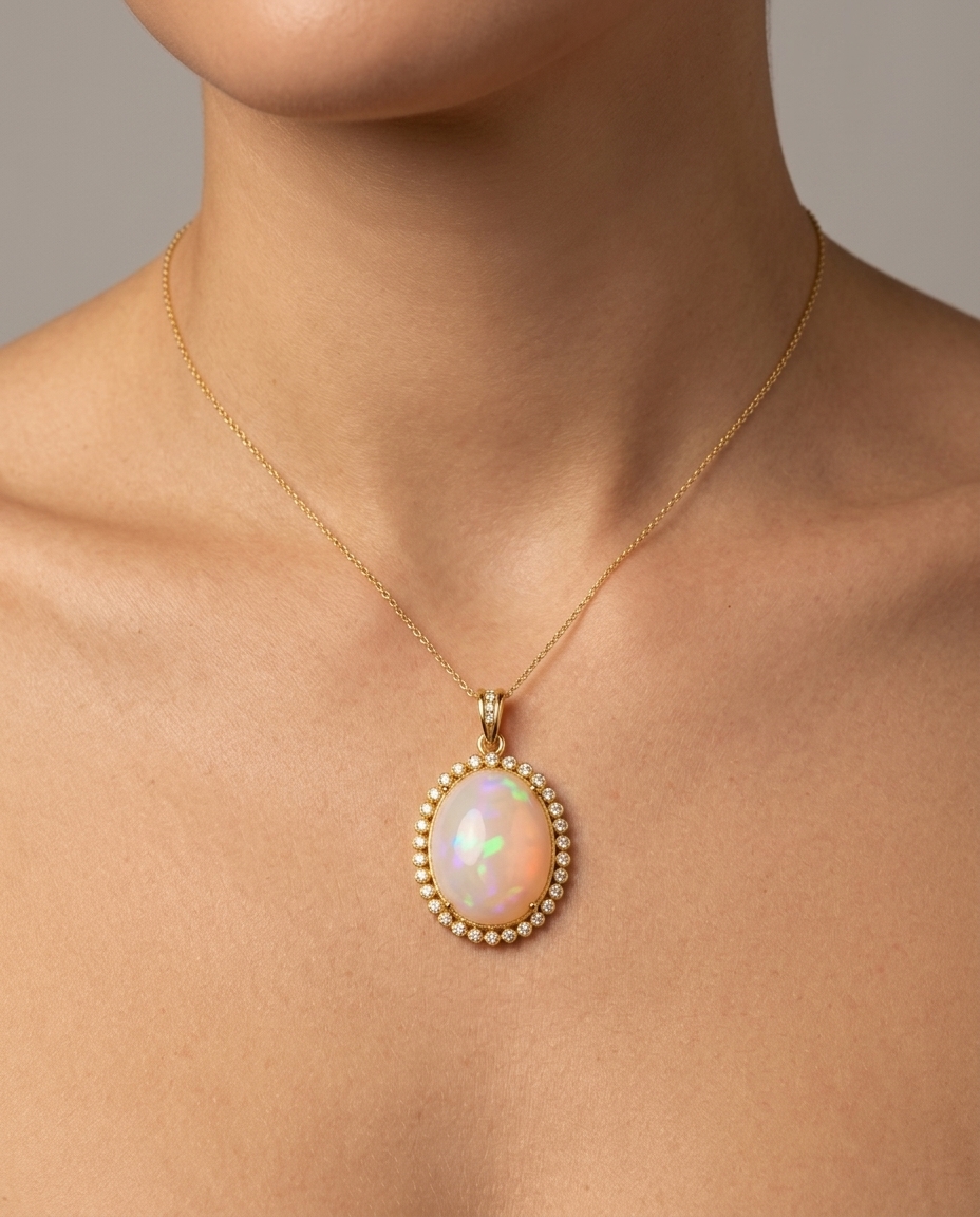 18KT Yellow Gold Diamond Ethiopian Opal Oval Shape Pandent on model