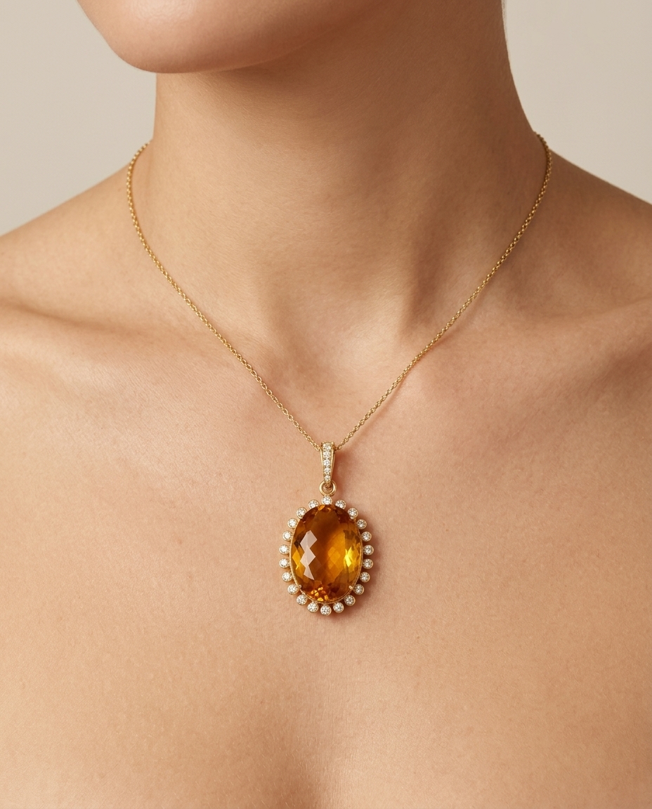 18KT Yellow Gold Citrine and Diamonds Pendant on model