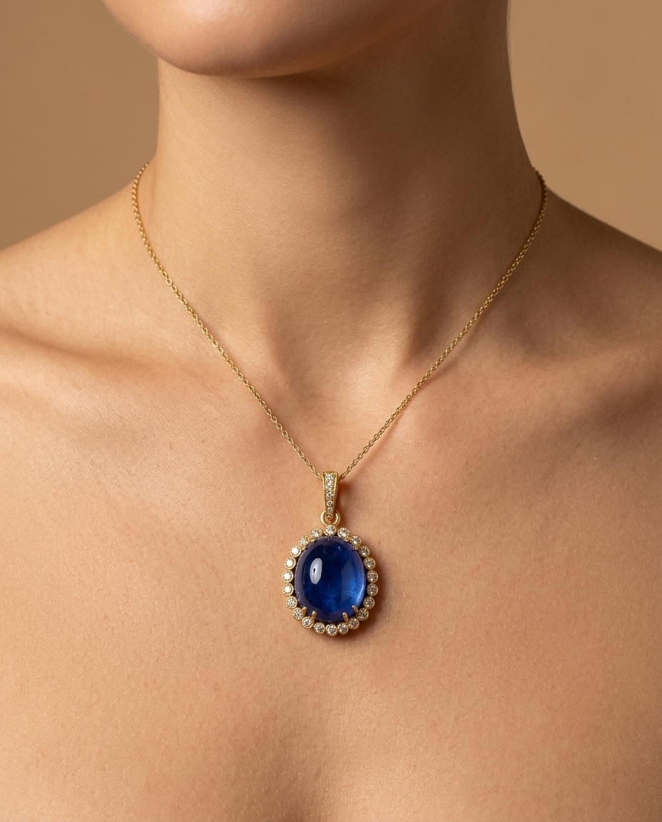 14KT Tanzanite Pendant with Diamonds on model