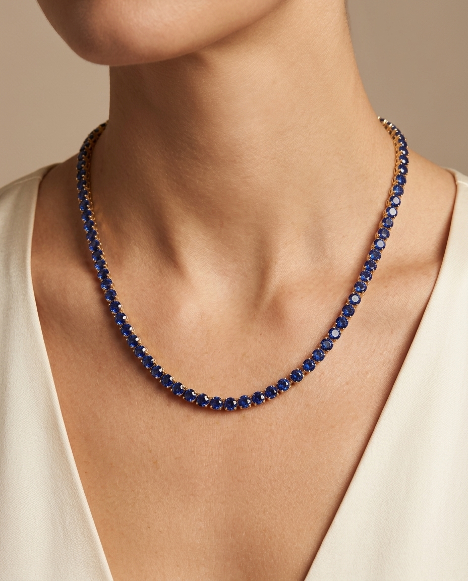 14KT Yellow Gold Sapphire Tennis Necklace view 2