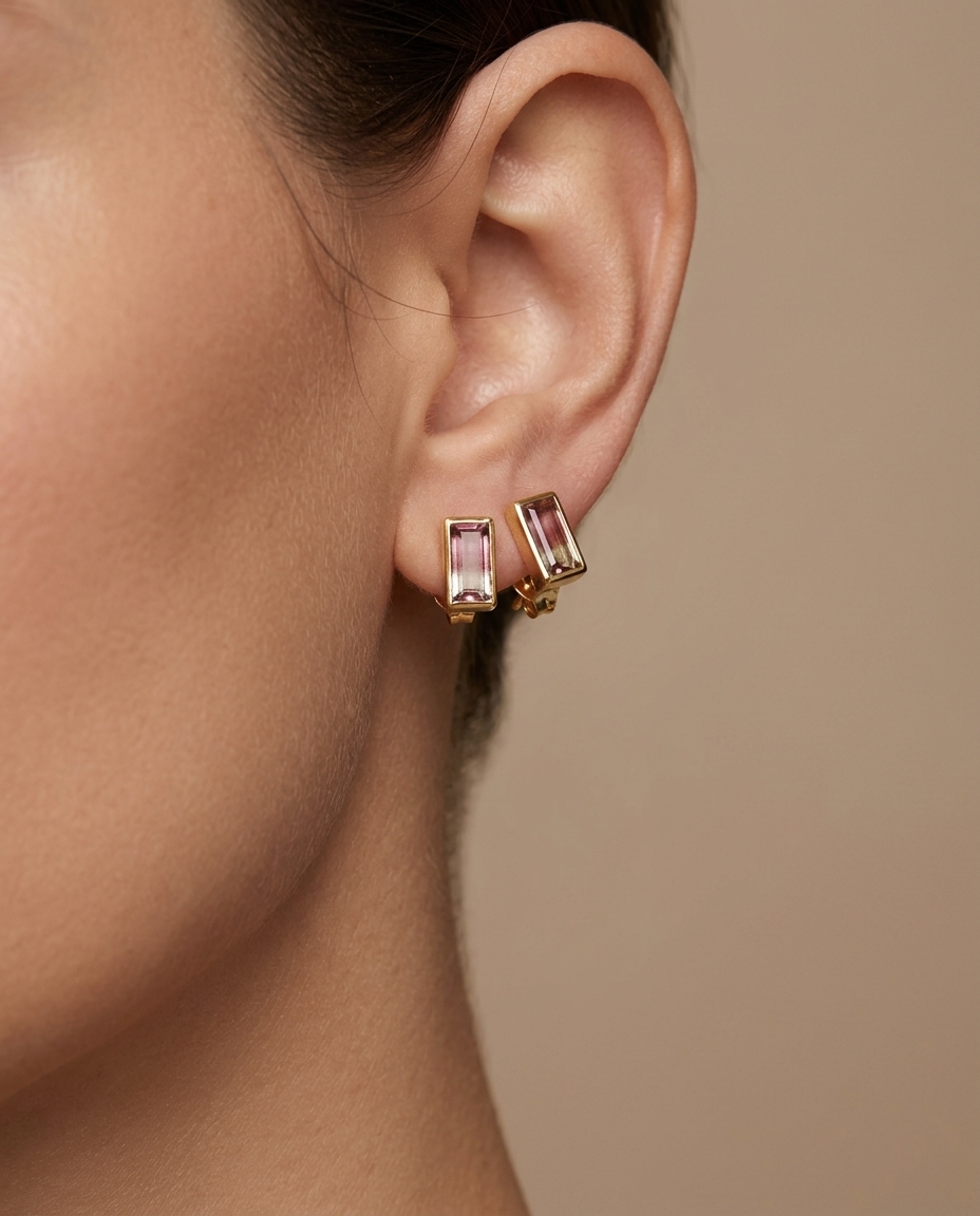 14KT Yellow Gold Tourmaline Stud Earring on model
