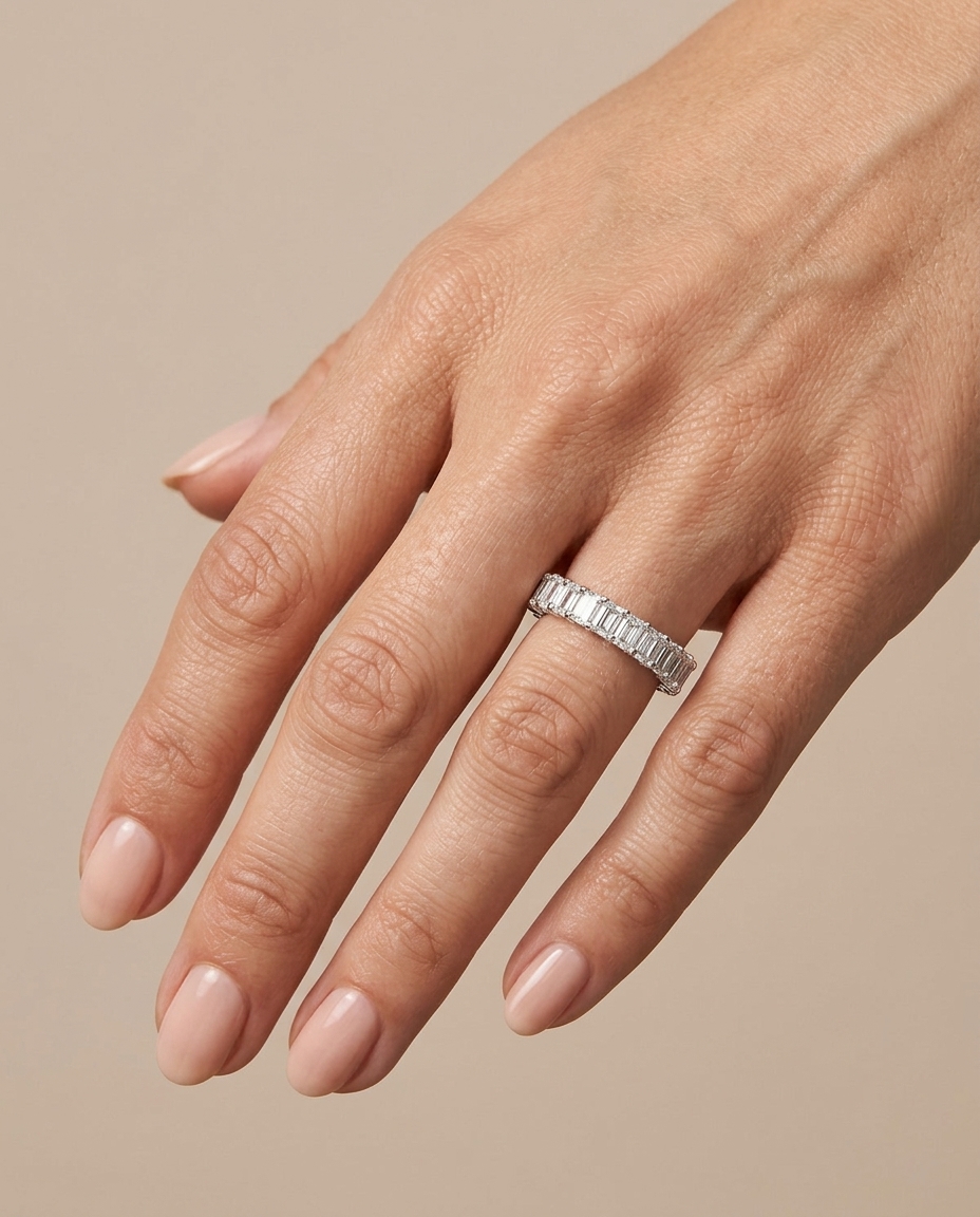 14KT White Gold Half Eternity Baguette Diamond Ring on model
