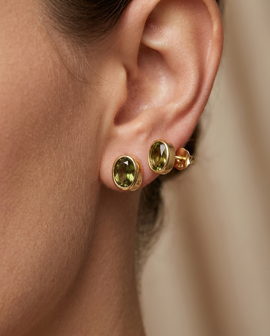14KT Yellow Gold Green Sapphire Earring Studs view 2