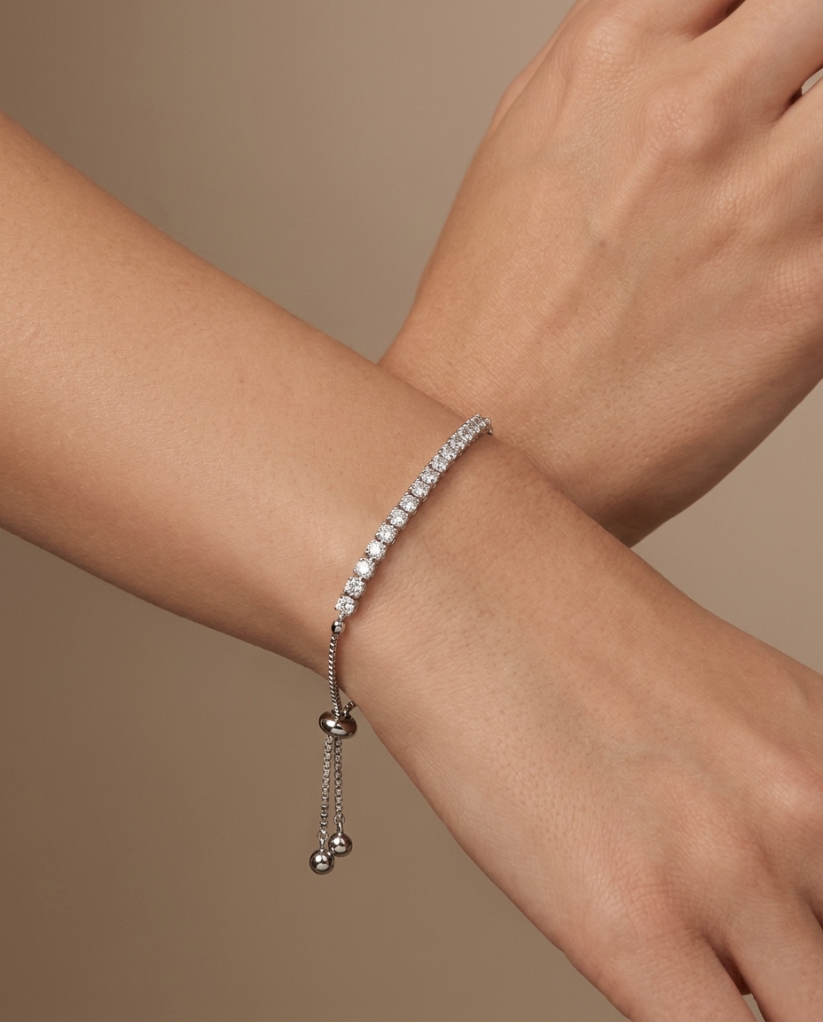 14KT White Gold Diamond Bolo Bracelet on model