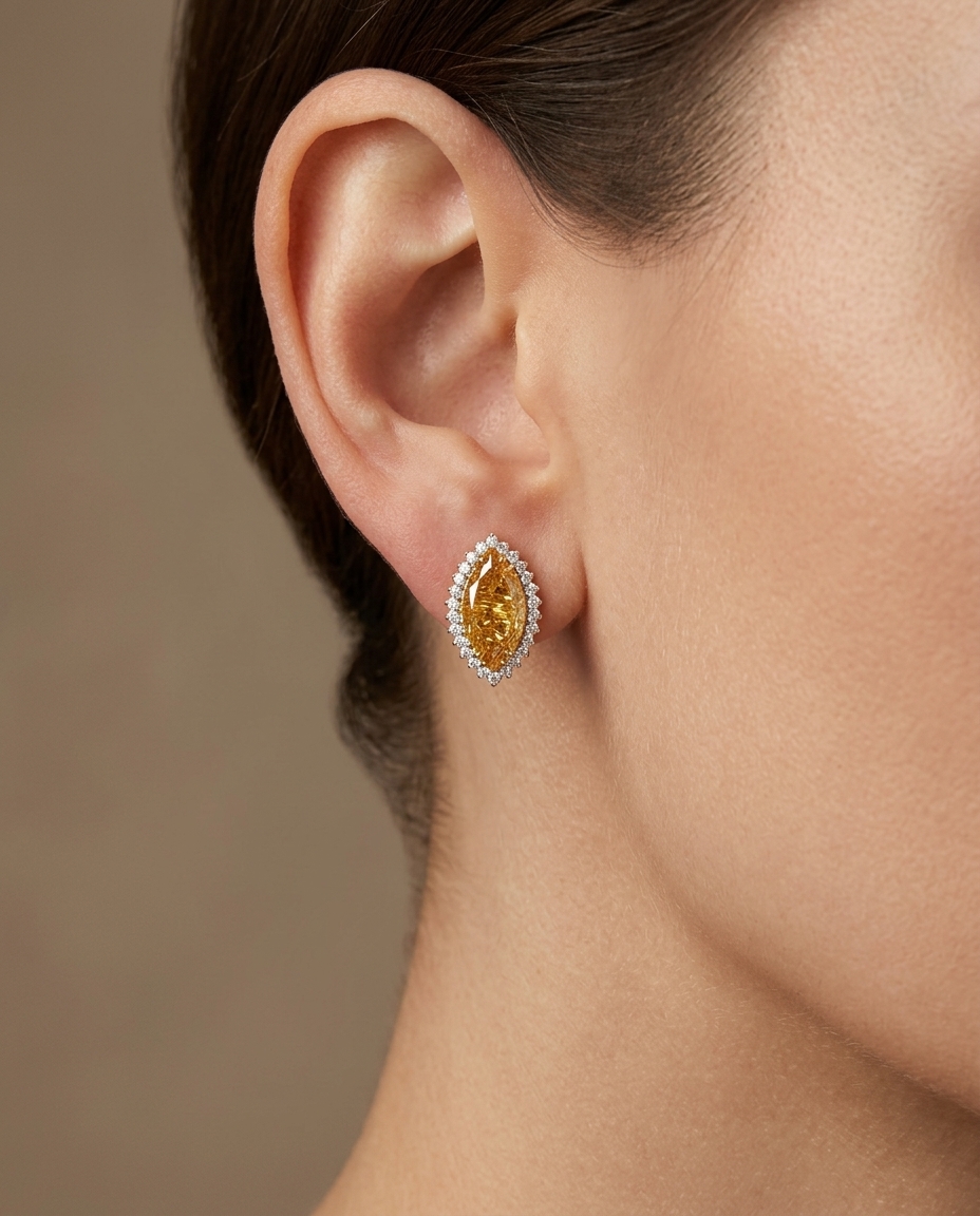 14KT Yellow Gold Citrine and Diamonds Earring on model