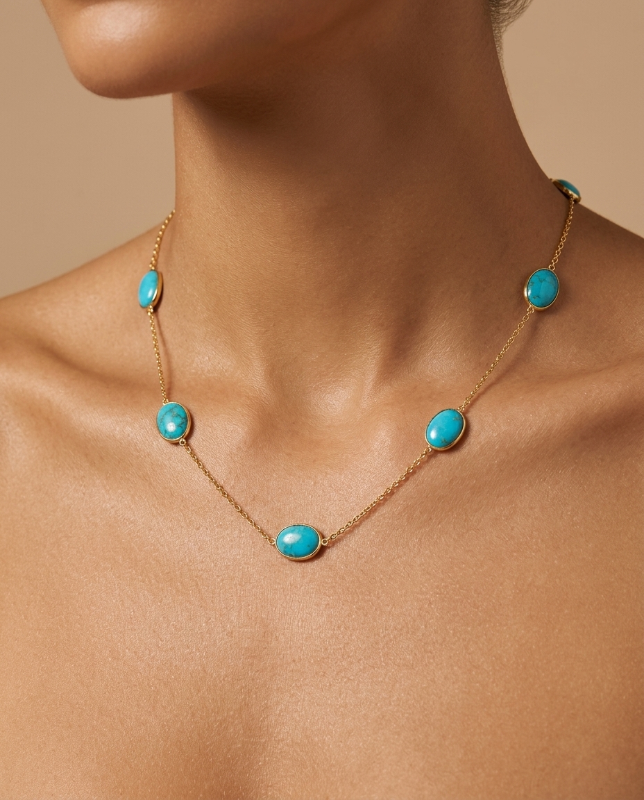 18KT Yellow Gold Turquoise Coin Station Necklace on model