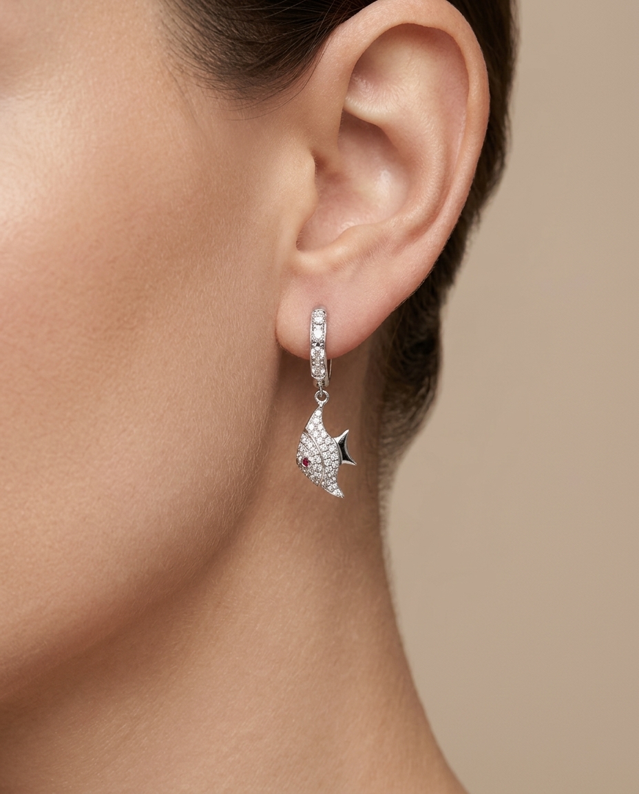 14KT White Gold Diamond and Ruby Dangling Earring on model